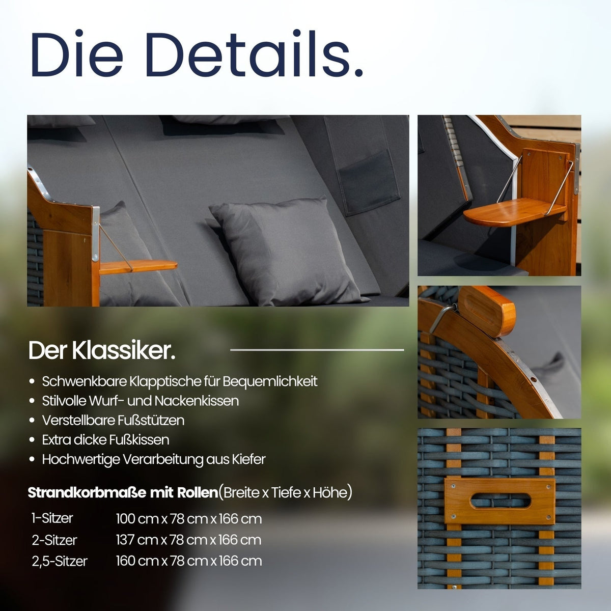 Der Klassiker Details: Klapptische, Kissen, Fußstützen, Maße aller Größen