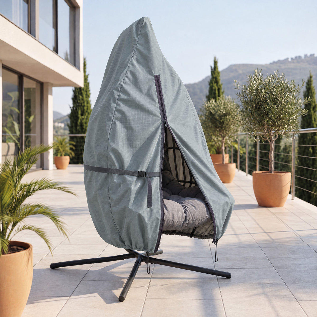 Hängekorb Abdeckhaube Salbei-Grau – Terrasse, Seitenansicht