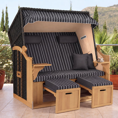Der Kompakte 2,5-Sitzer Strandkorb – Geflecht Schwarz, Bezug Anthrazit – Terrasse
