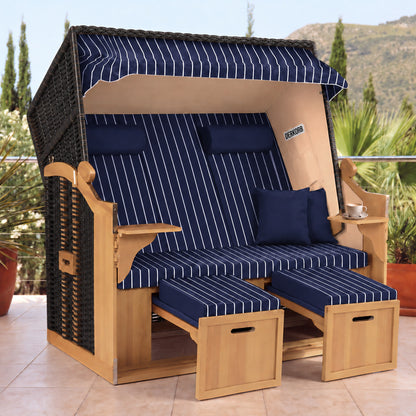 Der Kompakte 2,5-Sitzer Strandkorb – Geflecht Schwarz, Bezug Blau – Terrasse