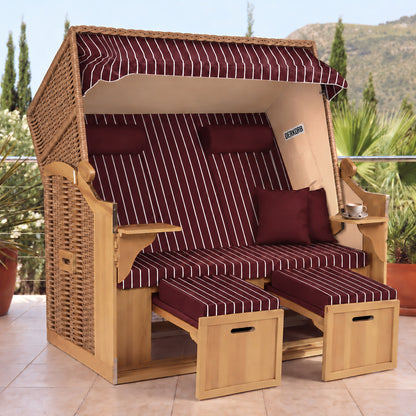 Der Kompakte 2,5-Sitzer Strandkorb – Geflecht Natur, Bezug Rot – Terrasse