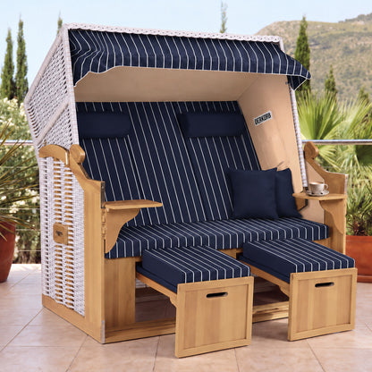 Der Kompakte 2,5-Sitzer Strandkorb – Geflecht Weiß, Bezug Blau – Terrasse