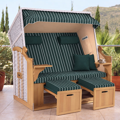 Der Kompakte 2,5-Sitzer Strandkorb – Geflecht Weiß, Bezug Grün – Terrasse