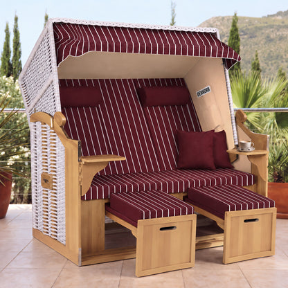 Der Kompakte 2,5-Sitzer Strandkorb – Geflecht Weiß, Bezug Rot – Terrasse