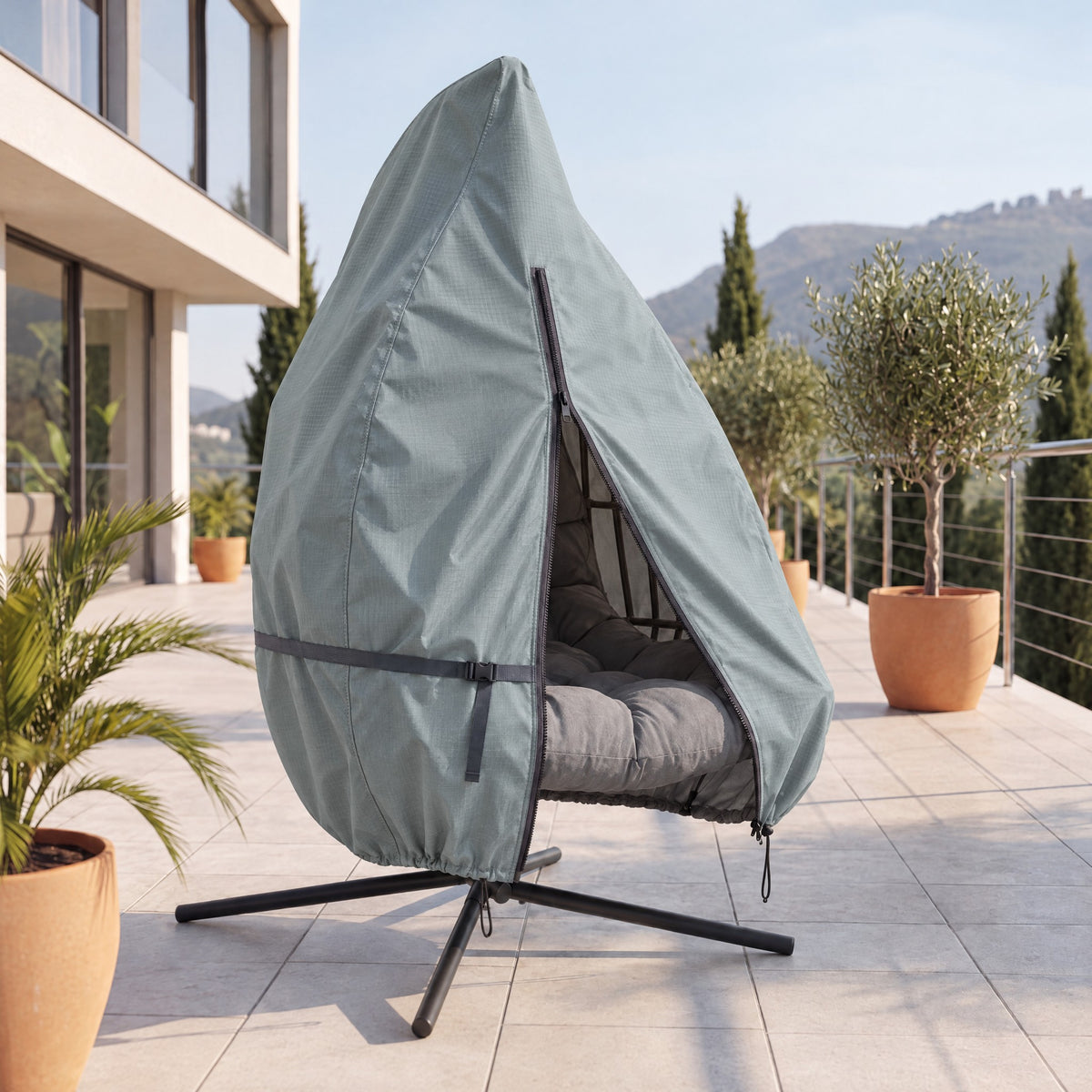 Hängekorb Abdeckhaube Salbei-Grau – Terrasse, Hülle geöffnet