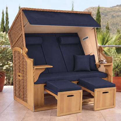 Der Kompakte 2,5-Sitzer Strandkorb – Geflecht Natur, Bezug Blau – Muster Uni